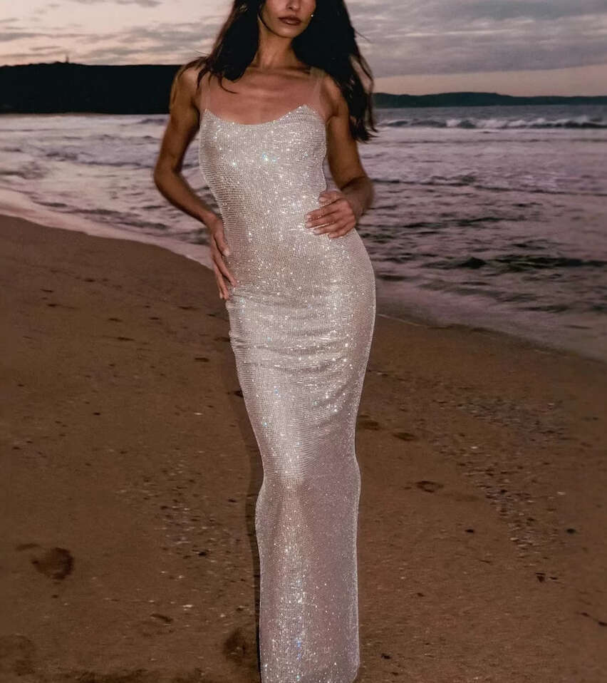 2026 summer niche fashion goddess sexy mesh transparent a3 suspender sequin slim mermaid long dress evening gown