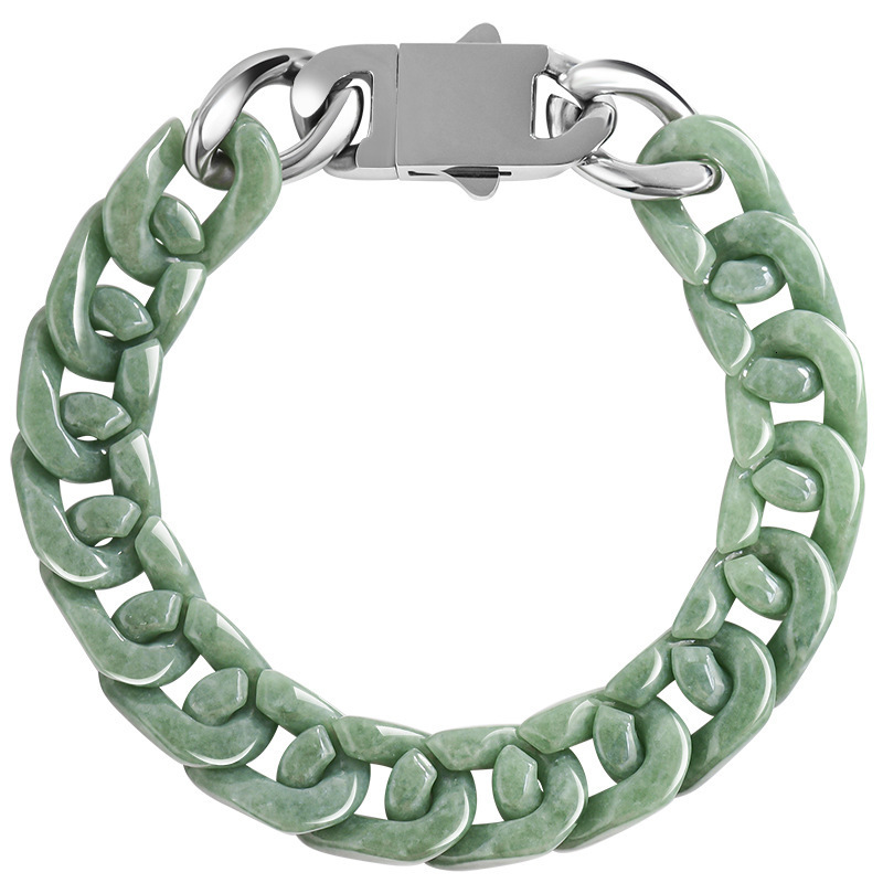Natural Agrade Jadeite Bean Green Cuban Chain Bracelet Jade Steel Hiphop Style Personality Unisex Trendy Jewelry 250801