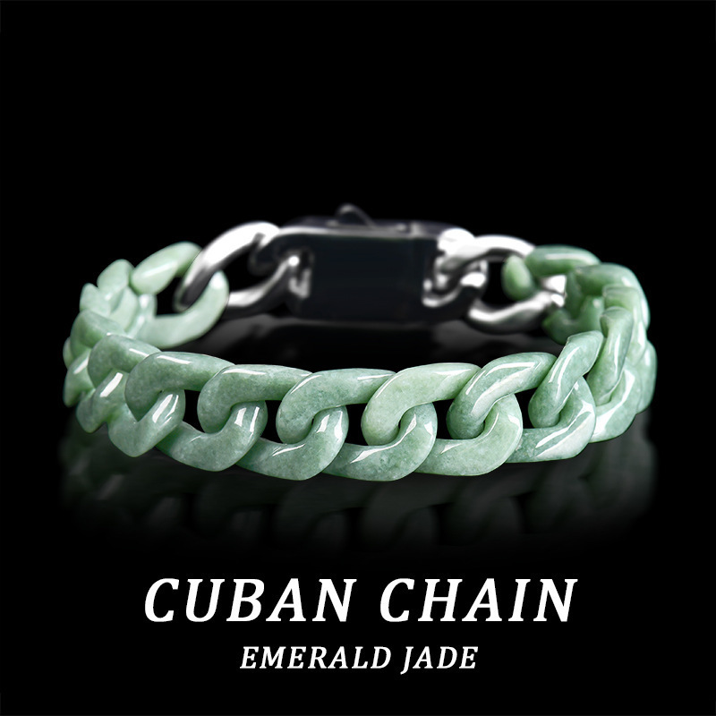 Natural Agrade Jadeite Bean Green Cuban Chain Bracelet Jade Steel Hiphop Style Personality Unisex Trendy Jewelry 250801