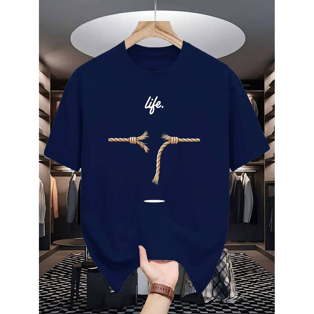 A man's life is like a rope pattern printed 100% pure cotton casual and fashionable round-neck loose short-sleeved T-shirt top C260228 - view 5