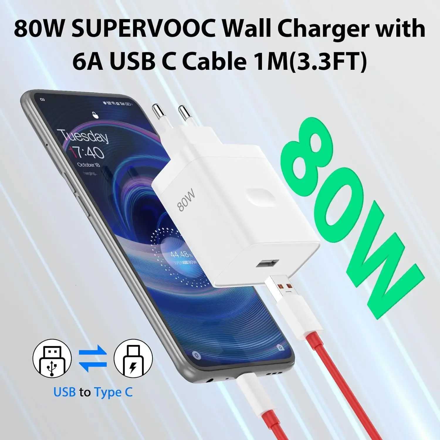 For For OnePlus 80W SuperVOOC EU Fast Wall Charger for OnePlus 10 11 12 Nord CE 2 3 Lite OPPO realme 10 GT NEO 2 3 Type C USB Cable X260228