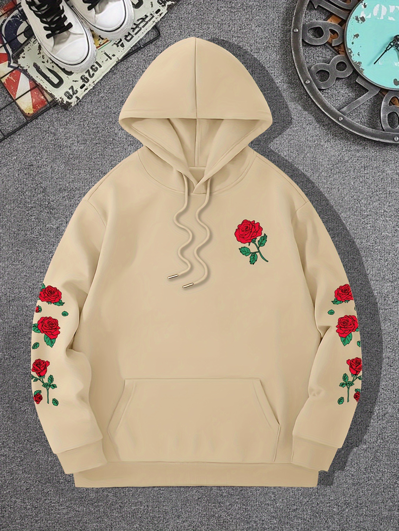 Luxury Brand Designer Clothes Foreign Trade New Printed Red Rose Drop Shoulder Sweatshirt Casual Street Style Unisex Pullover Loose Hoodie