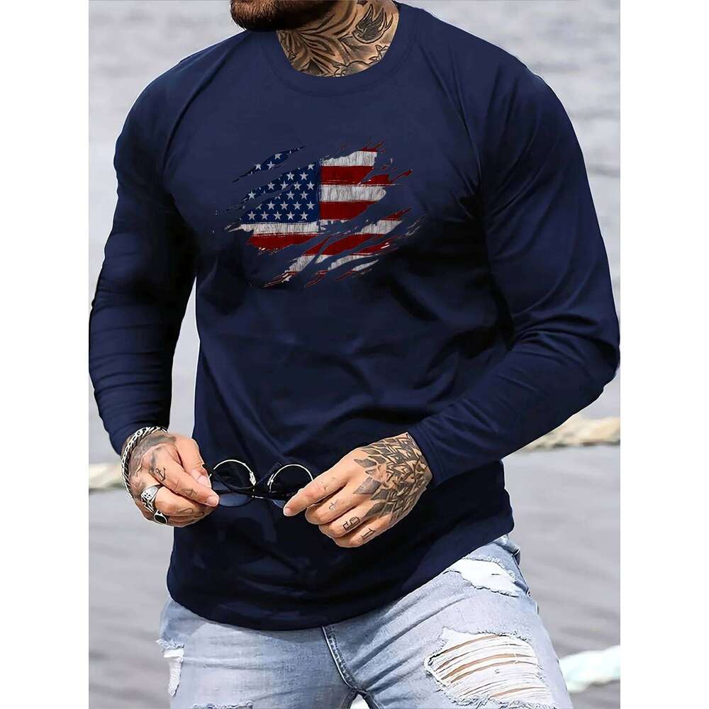 Men's Spring and Autumn 100% Cotton Comfortable Casual American Flag Pattern Printed Round Neck Long Sleeve T-shirt Top C260228 - view 3
