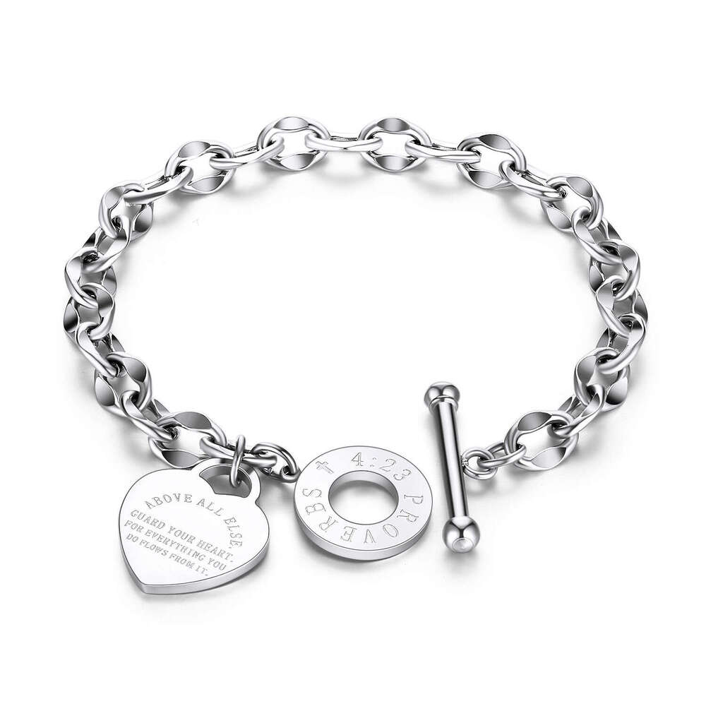 Heart-shaped OT clasp titanium steel bracelet for women, fashionable, versatile, unique design, non-fading, with English short phrase