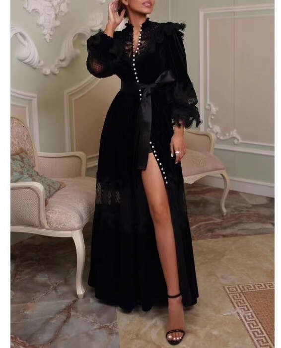 2026 Autumn/Winter European Women's Collection Exquisite Design Exquisite Lace Velvet Splicing Luxurious a3 Elegant Long Skirt