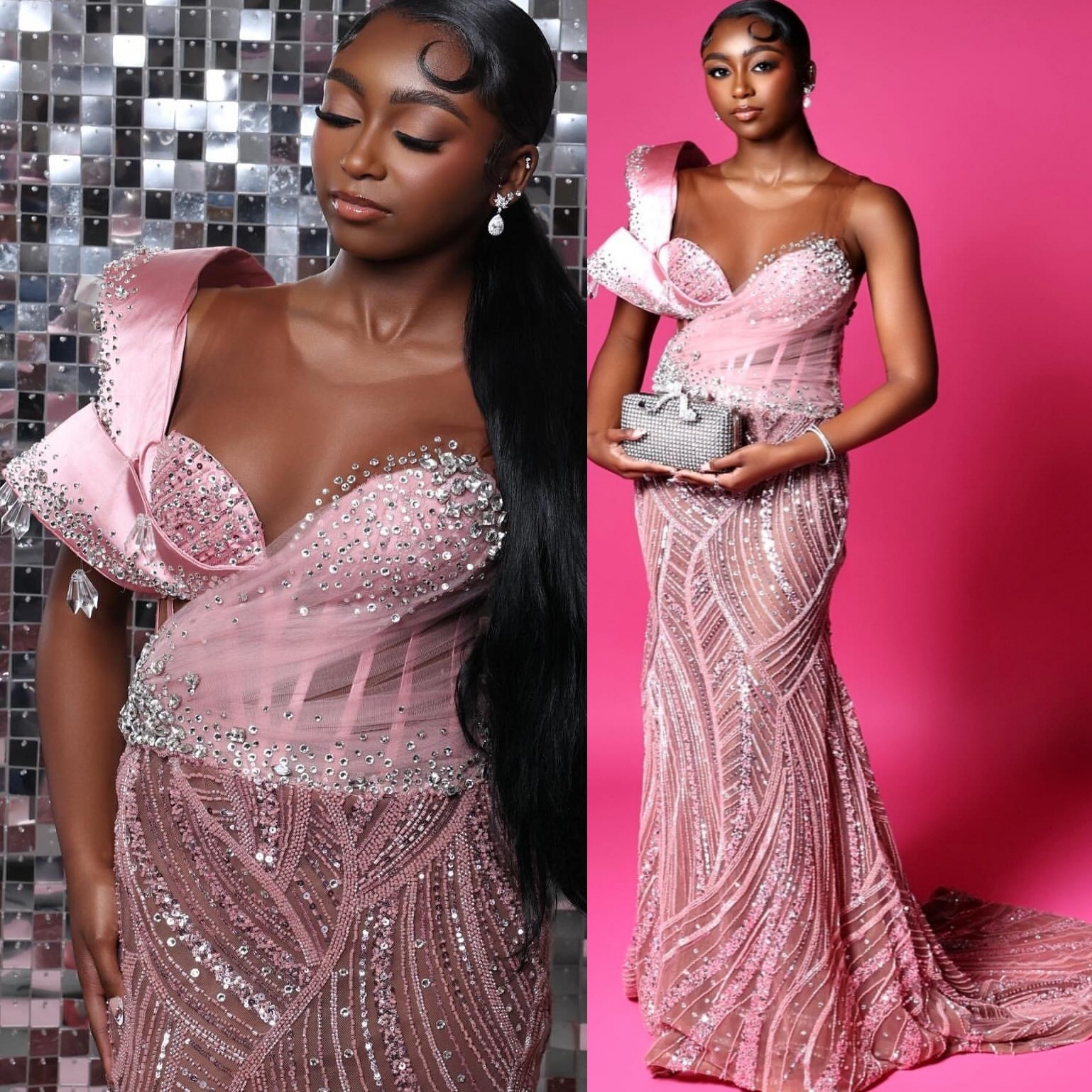 2k26 Pink Prom Dress 2026 Mermaid Beaded Crystals Sheer Neck Sparkly Evening Dresses For Black Women Birthday Party Formal Receiption Gowns Dresses ZJ