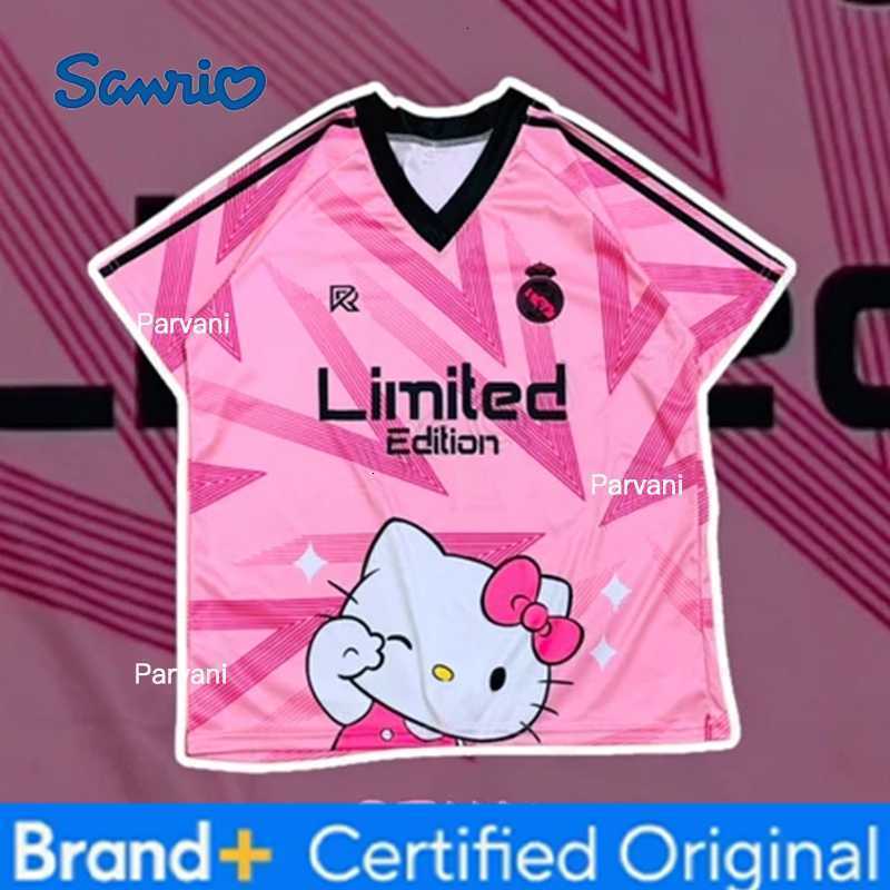 Sanrio Summer New Retro HelloKitty Printed T-Shirt for Women V-Neck Short Sleeve Sports Football Jersey Y2K Loose Oversized Tops H260228
