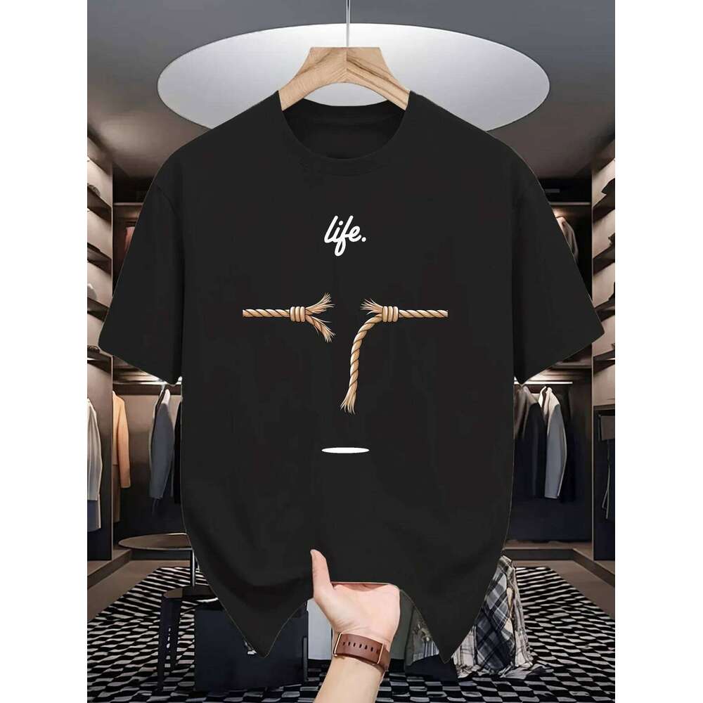 A man's life is like a rope pattern printed 100% pure cotton casual and fashionable round-neck loose short-sleeved T-shirt top C260228 - view 3