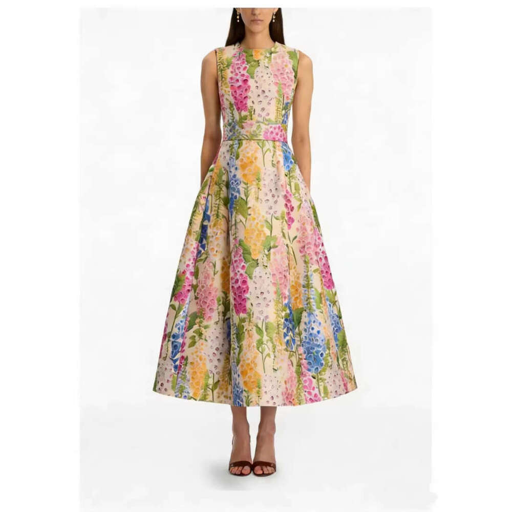 2026 Spring/Summer New Women's European and American Minority A1 Designer Printed Sleeveless Elegant Long Skirt