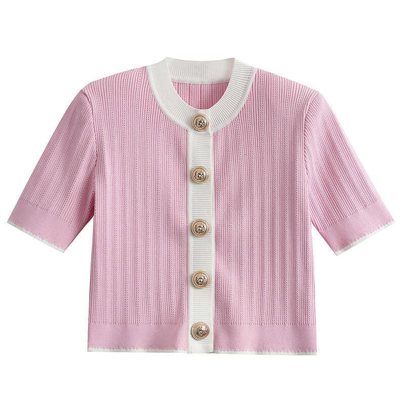 Designer's high-end lace small fragrance color a1 block single breasted short sleeved knitted thin cardigan slim fit top