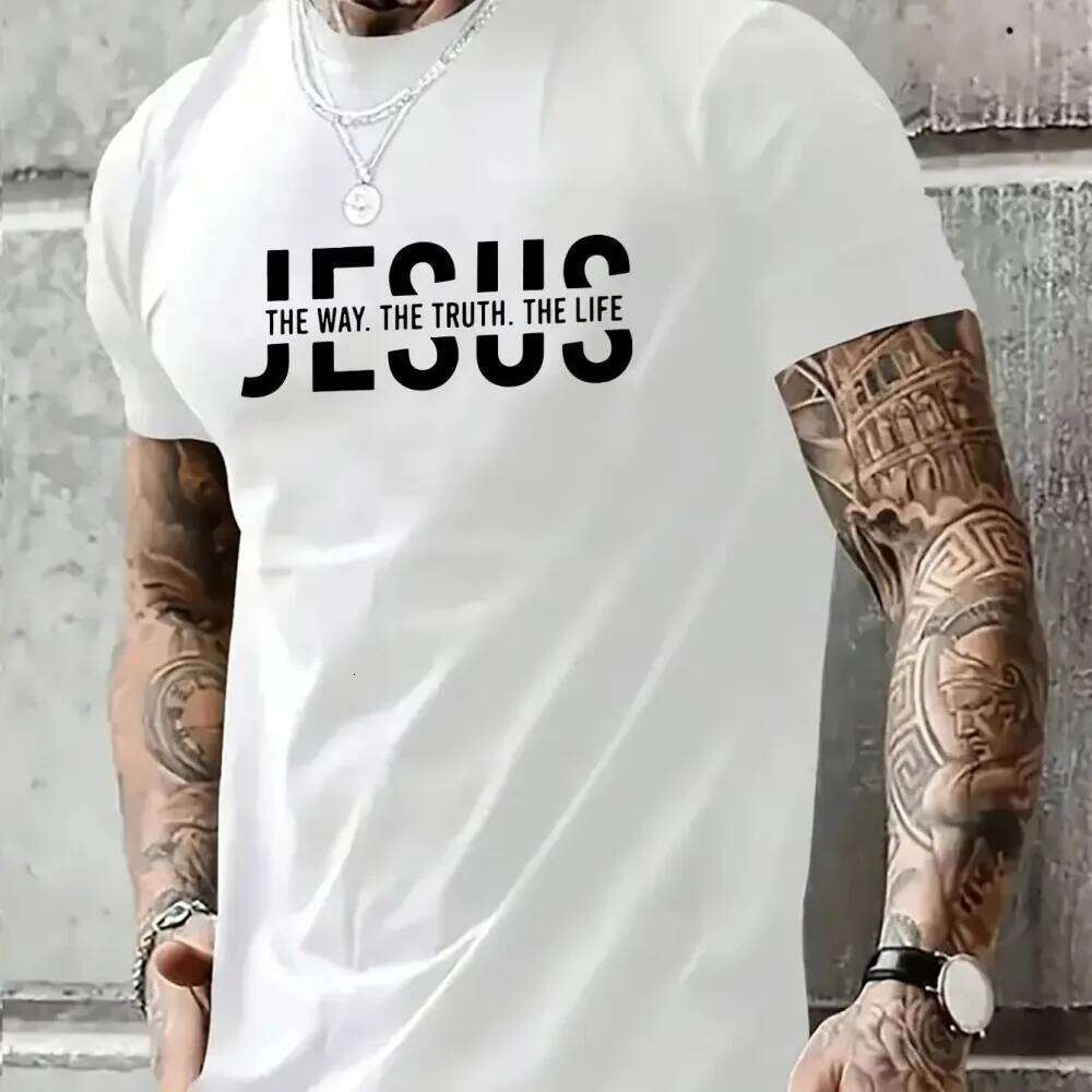 Summer men's polyester fiber casual loose round neck T-shirt Jesus Way Truth Life letter printed outdoor sports top C260228 - view 5