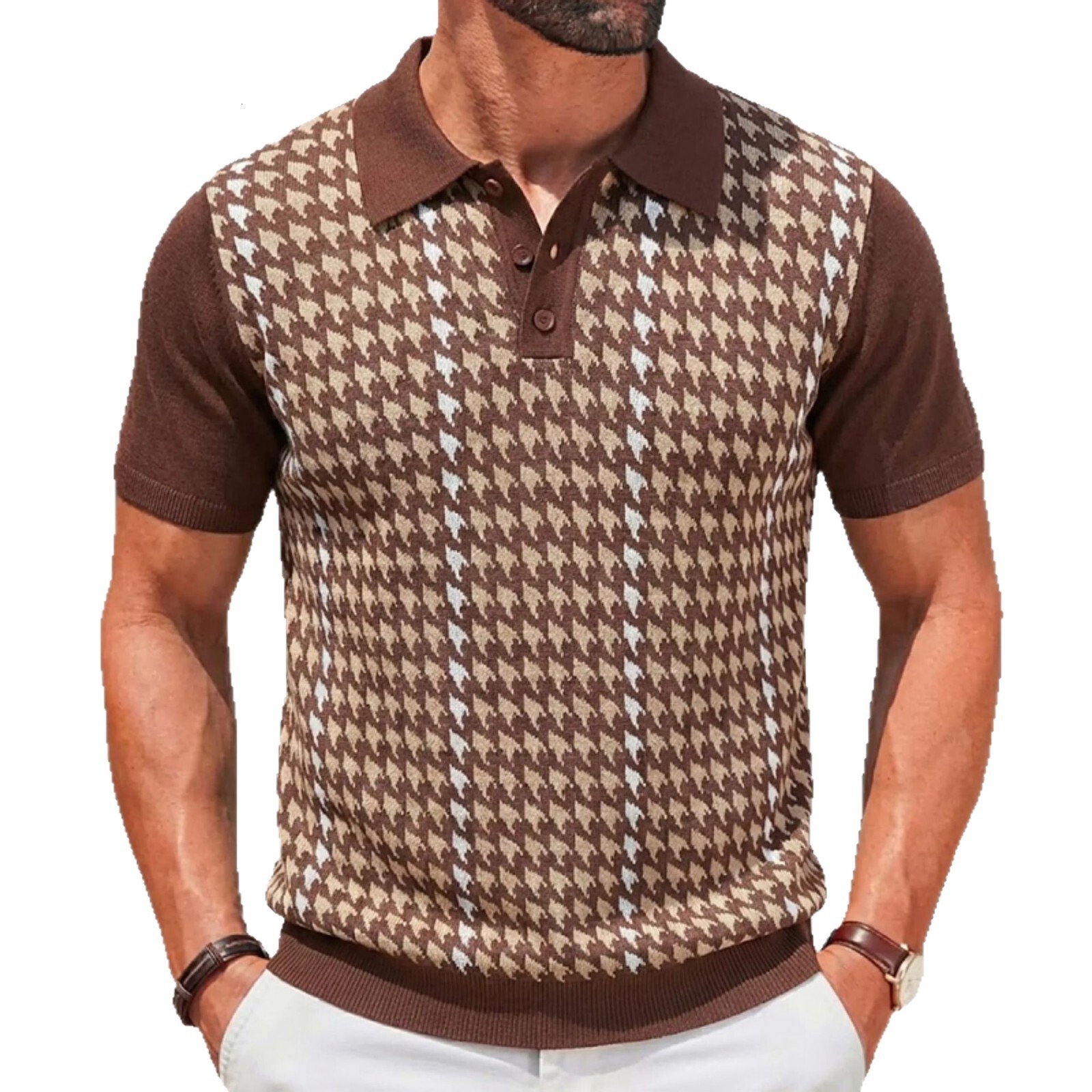 Luxury Brand Designer Clothes Men's Fashion European And American Summer High-End Cool Silk Knitwear Houndstooth Jacquard Business Polo Shirt Sy0