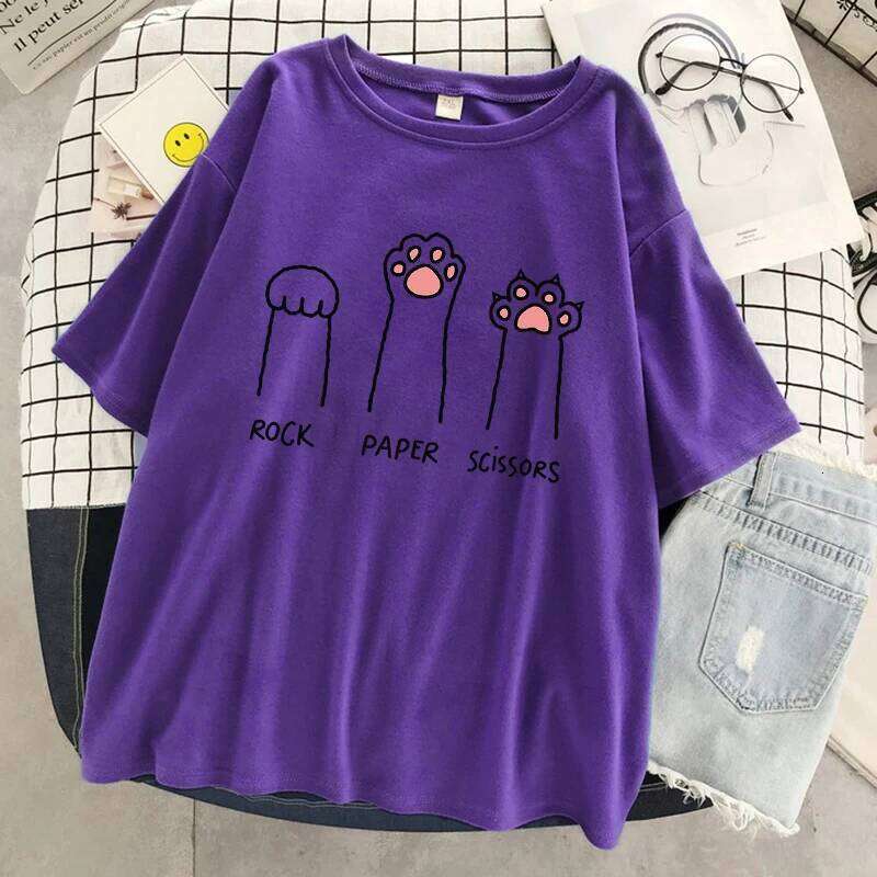 Rock Paper Scissors Funny Cat Print T Shirt Women Summer Soft Oversized Tops Fashion Casual Short Sleeve Street Cotton Tshirt C260228 - view 4
