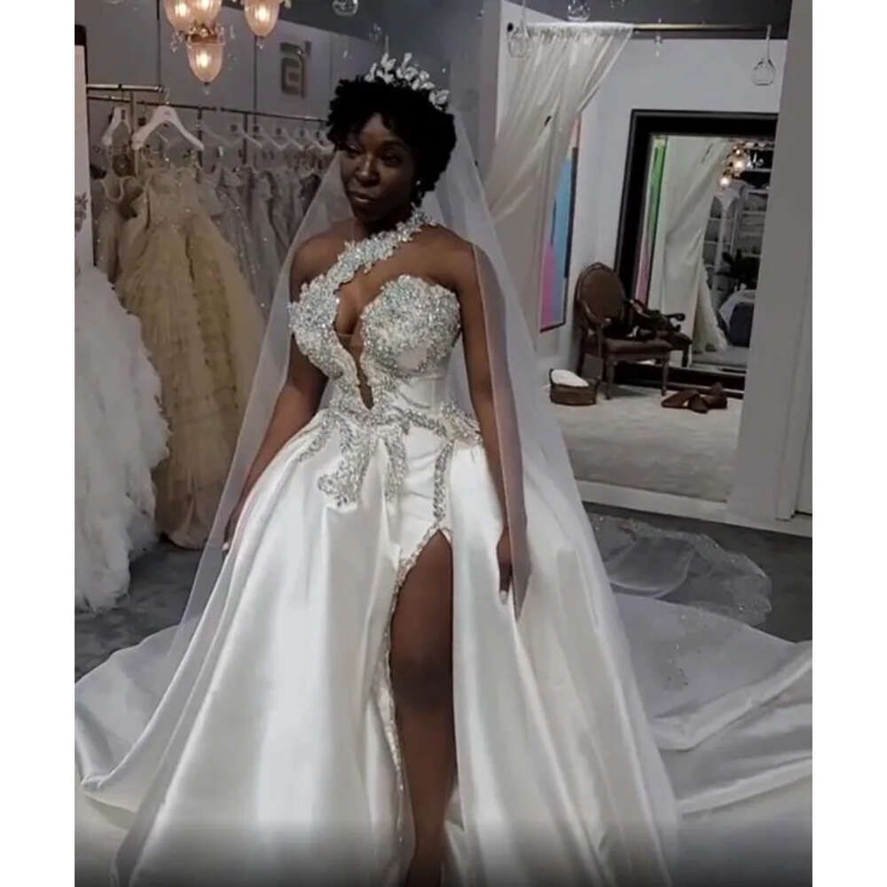 Arabic Aso Ebi Crystals High Split Wedding Dress Elegant One Shoulder Sexy Plunging V Neck Satin Bridal Gowns F28bc9934 B0313