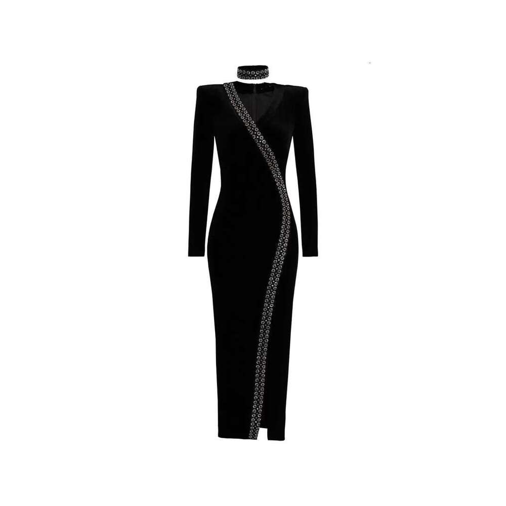 2026 Autumn/Winter European and American Fashion Handmade a2 Beaded Light Luxury Sexy Velvet Slimming Long Dress Annual Party Dress