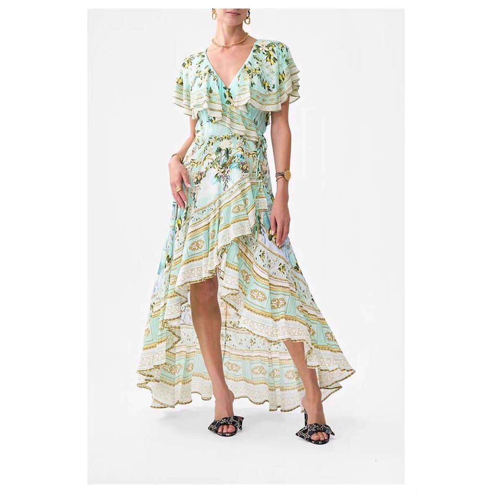 2026 Summer Women's Fashion Fairy Printed Ruffle V-neck Asymmetric Hemp Elegant Long Dress