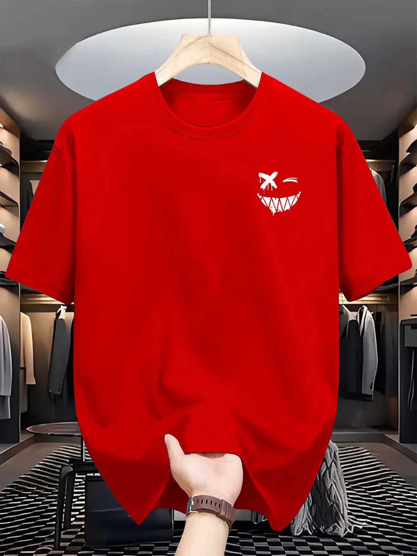 Men's 100% Cotton Smiley Face Print T-Shirt Summer Fashion Casual Loose Round Neck Short SleeveT260228