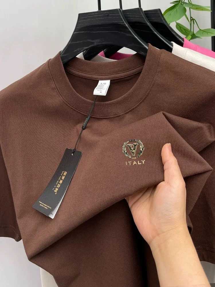 Men's 100% Cotton Letter Embossed T-Shirt Luxury High-End Summer Round Neck Comfort Breathable TopT260228