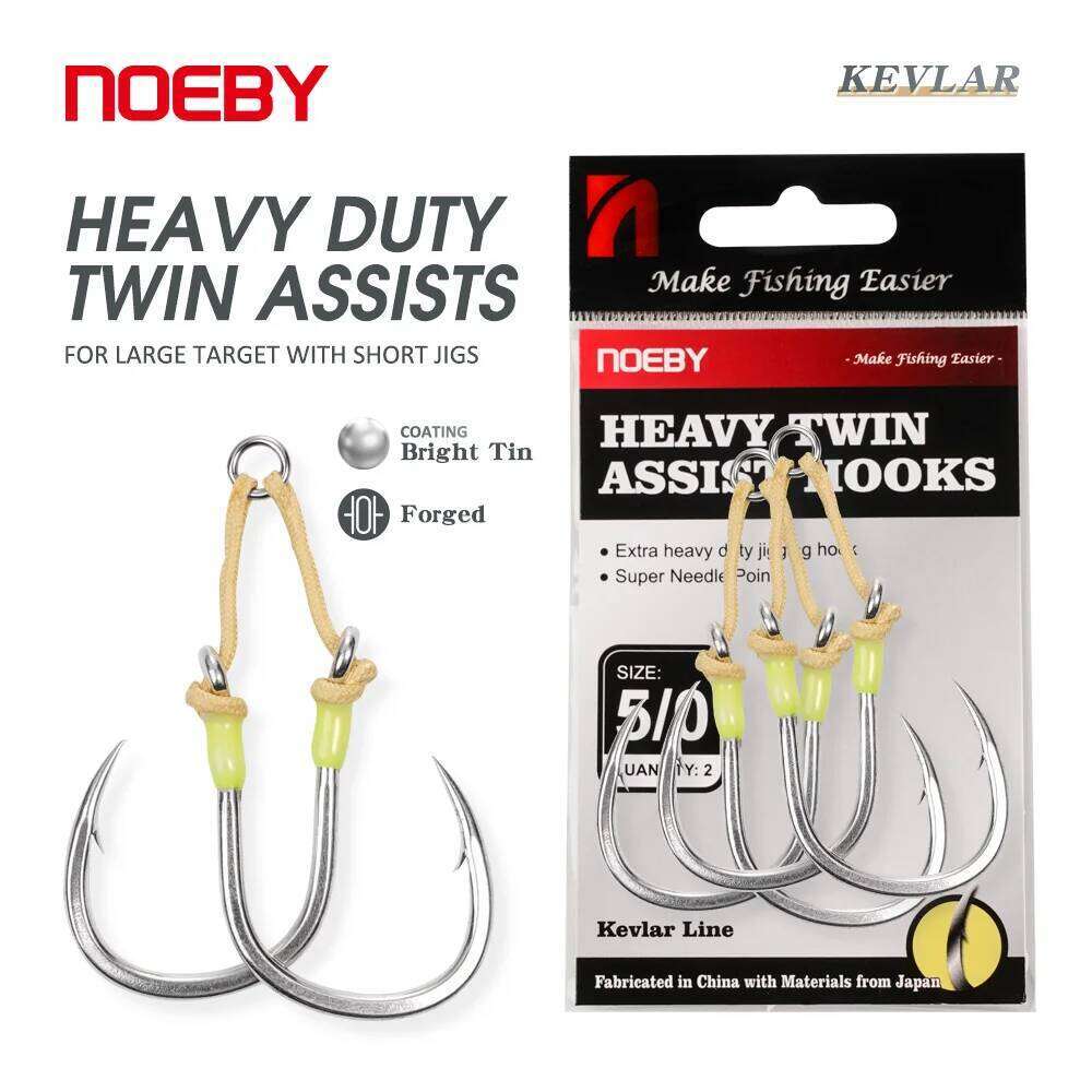 Noeby Heavy Duty Twin Assists Hooks Kevlar Line 3/0 4/0 5/0 6/0 7/0 Max Strength 150kg 2PCs Metal Jigs Hook Boat Fishing Tackle Z260228
