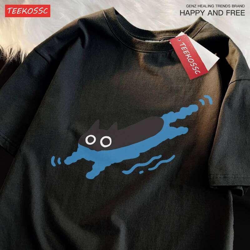 Couple Tees Swimming Black Cat Diving Shoulder Short Sleeved T-shirt For Men Women Breathable Casual Pure Cotton Loose Tops C260228 - view 6