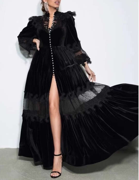 2026 Autumn/Winter European Women's Collection Exquisite Design Exquisite Lace Velvet Splicing Luxurious a3 Elegant Long Skirt