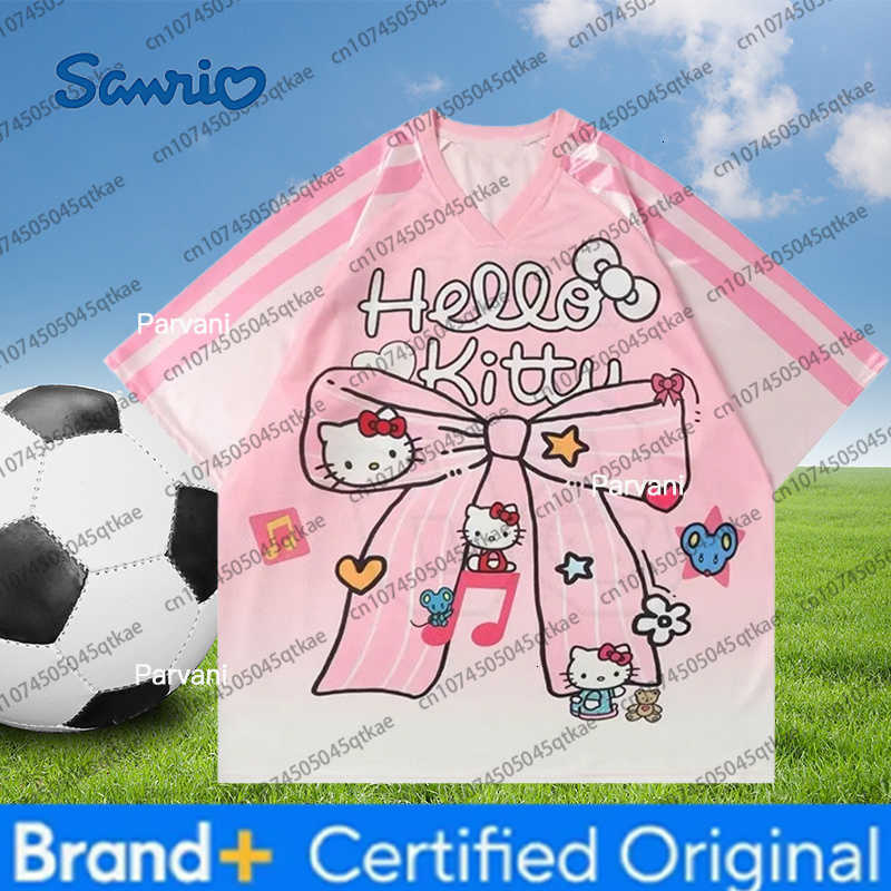 Sanrio 2025 Music Hello Kitty V-neck Football Tshirt Cartoon Sportswear Kid Adult Loose Casual Breathable Sport Streetwear Tee H260228