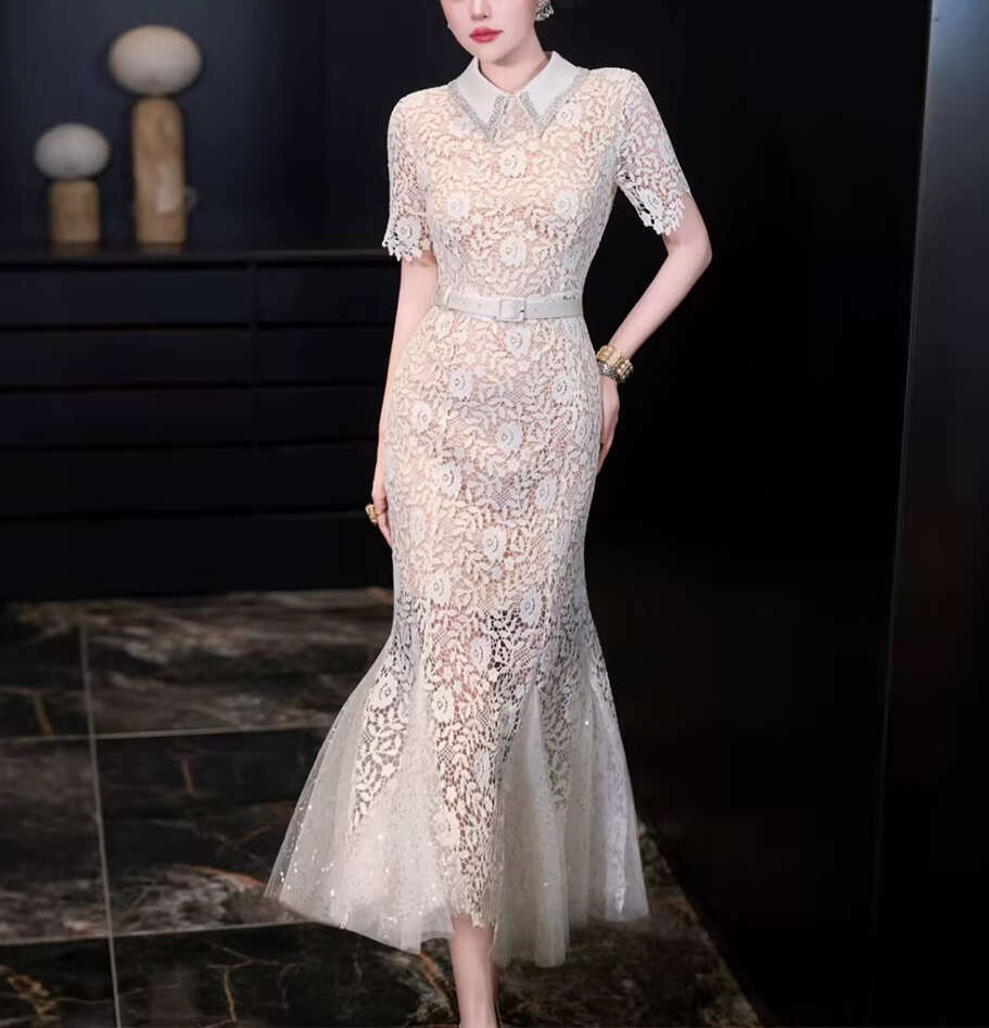 2026 Spring/Summer Designer Fashion Brand Elegant Women's a3 Flower Lace Slimming Mermaid Long Dress