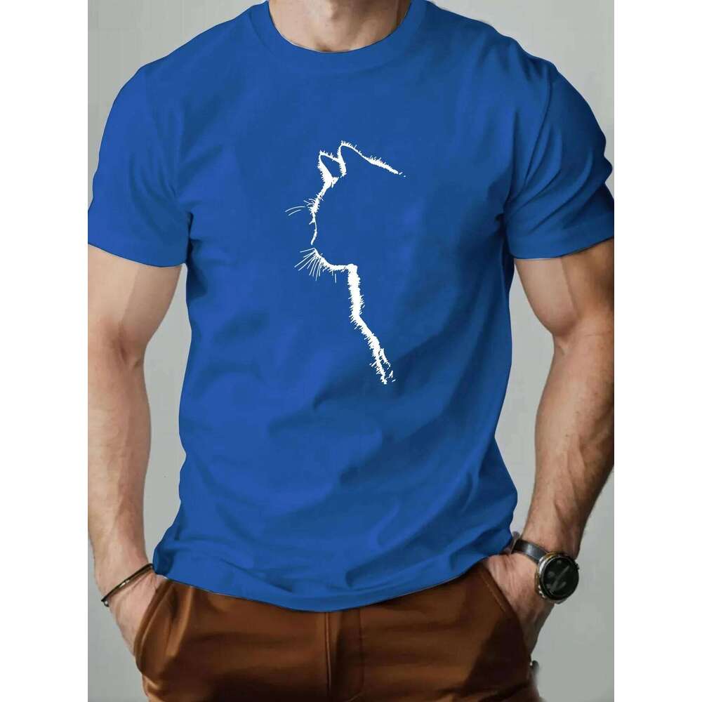 Men's 100% pure cotton fashionable casual loose sports cat side face pattern printed round neck short sleeved T-shirt top C260228 - view 5