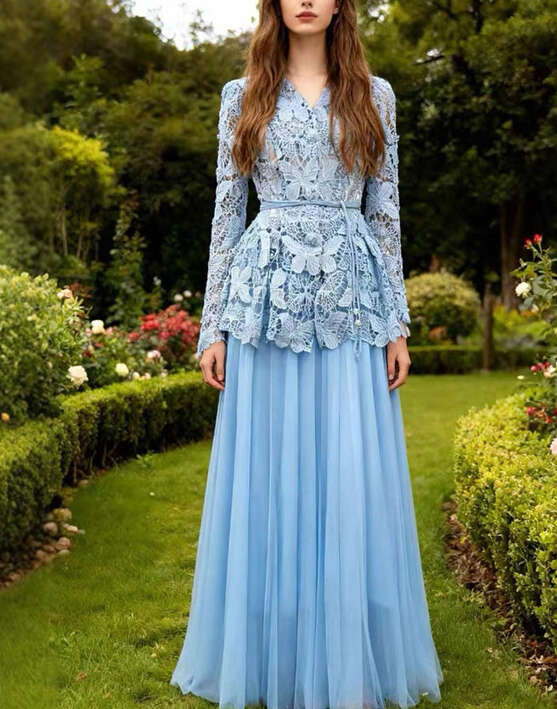 A1 2026 Spring/Summer Elegant Ladies' Fairy like Hollow Butterfly Lace Open Knitted Woolen Sweater Folded Long Skirt Set