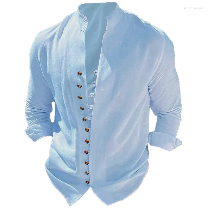Men's Casual Shirts Long Sleeve Shirt Cotton Linen Breathable Solid Color Henly Neck Single Breasted Top Lightweight Male