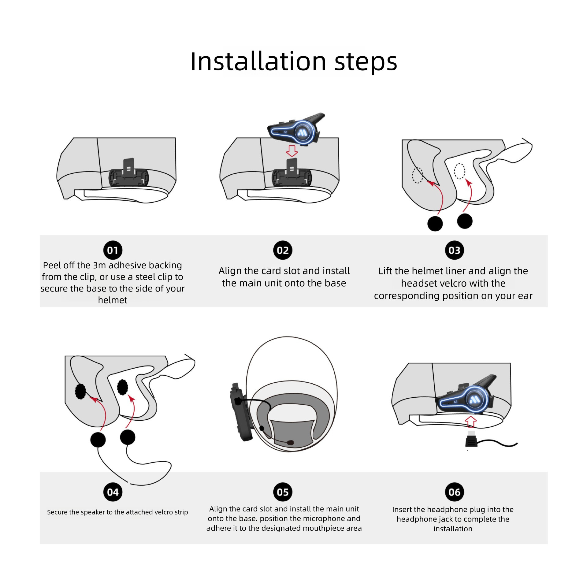 Motorcycle helmet Bluetooth headset A3 wireless intercom with full half helmet, long endurance, heavy bass, intelligent waterproof noise reduction