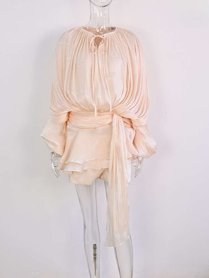 Women's casual dress with chic ruffled edges, mini round neck tie, loose fitting shirt, solid color chiffon vest, 2026 formal dress