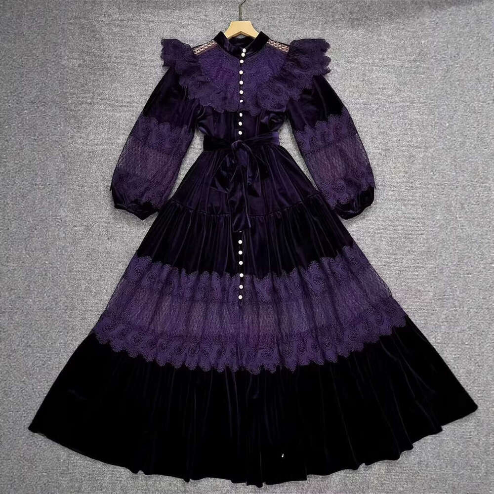2026 Autumn/Winter European Women's Collection Exquisite Design Exquisite Lace Velvet Splicing Luxurious a3 Elegant Long Skirt