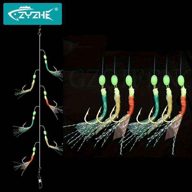 ZYZ Three-coloured Fishing Sabiki Fish Skin String Hooks 12# 14# 16# 18# 1Set 6Hooks With Luminous Bead Barbed Hook Z260228