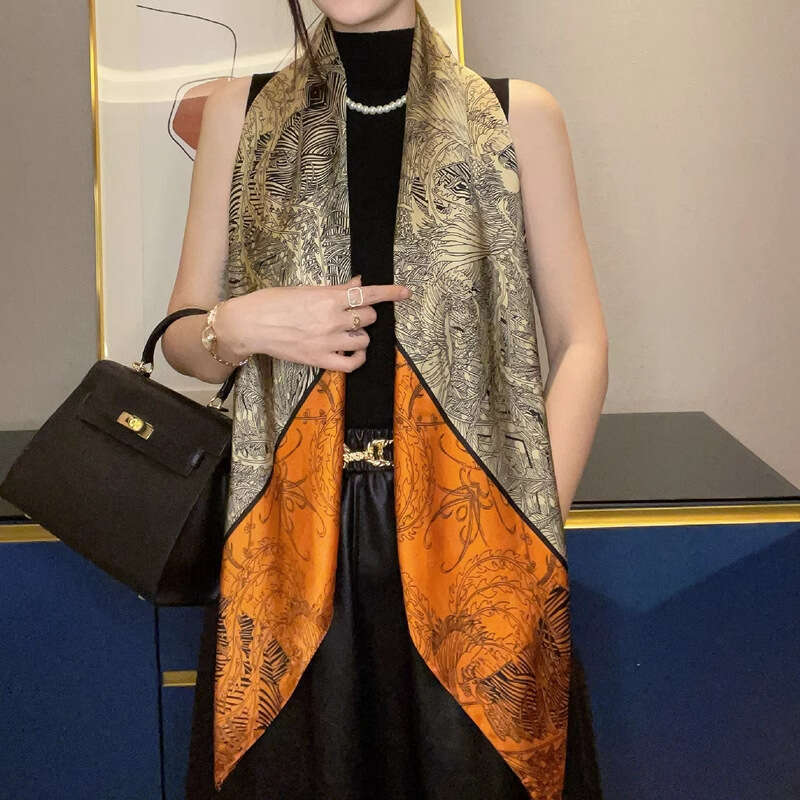 Elegant Orange Square 110 Printed Faux Silk Scarf Women Sun Protection Shawl Suitable As A Gift For Mom