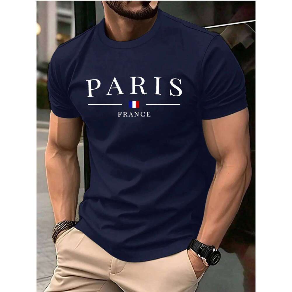 Summer men's 100% pure cotton casual loose plus size Paris French printed sports comfortable round neck short sleeved T-shirt C260228 - view 4
