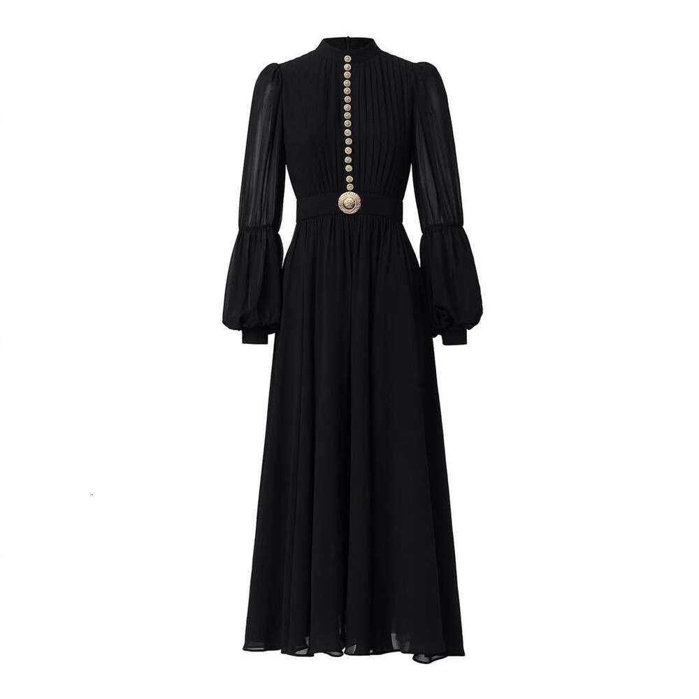 2026 Spring/Summer New Women's A1 Noble Metal Button Lantern Sleeve Silk Elegant Long Dress Dress