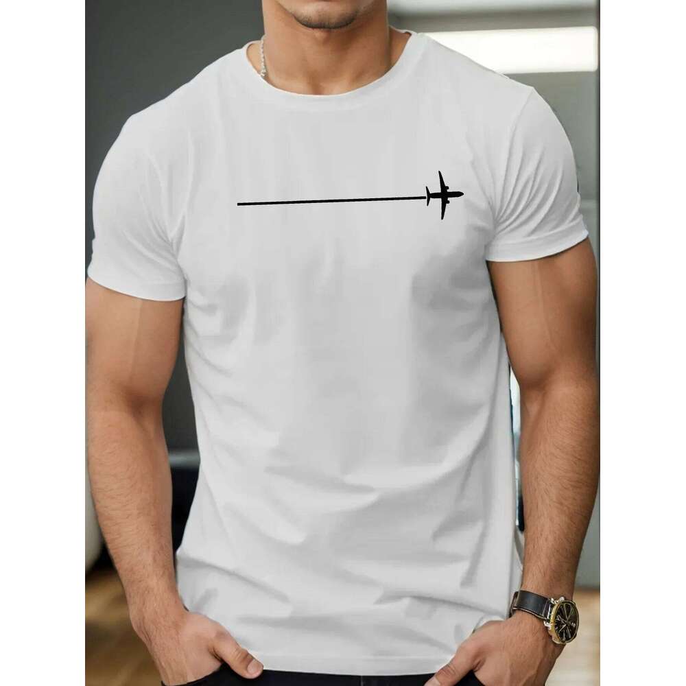 Men's summer 100 pure cotton fashionable casual loose minimalist airplane pattern printed round neck short sleeved T-shirt top C260228 - view 4