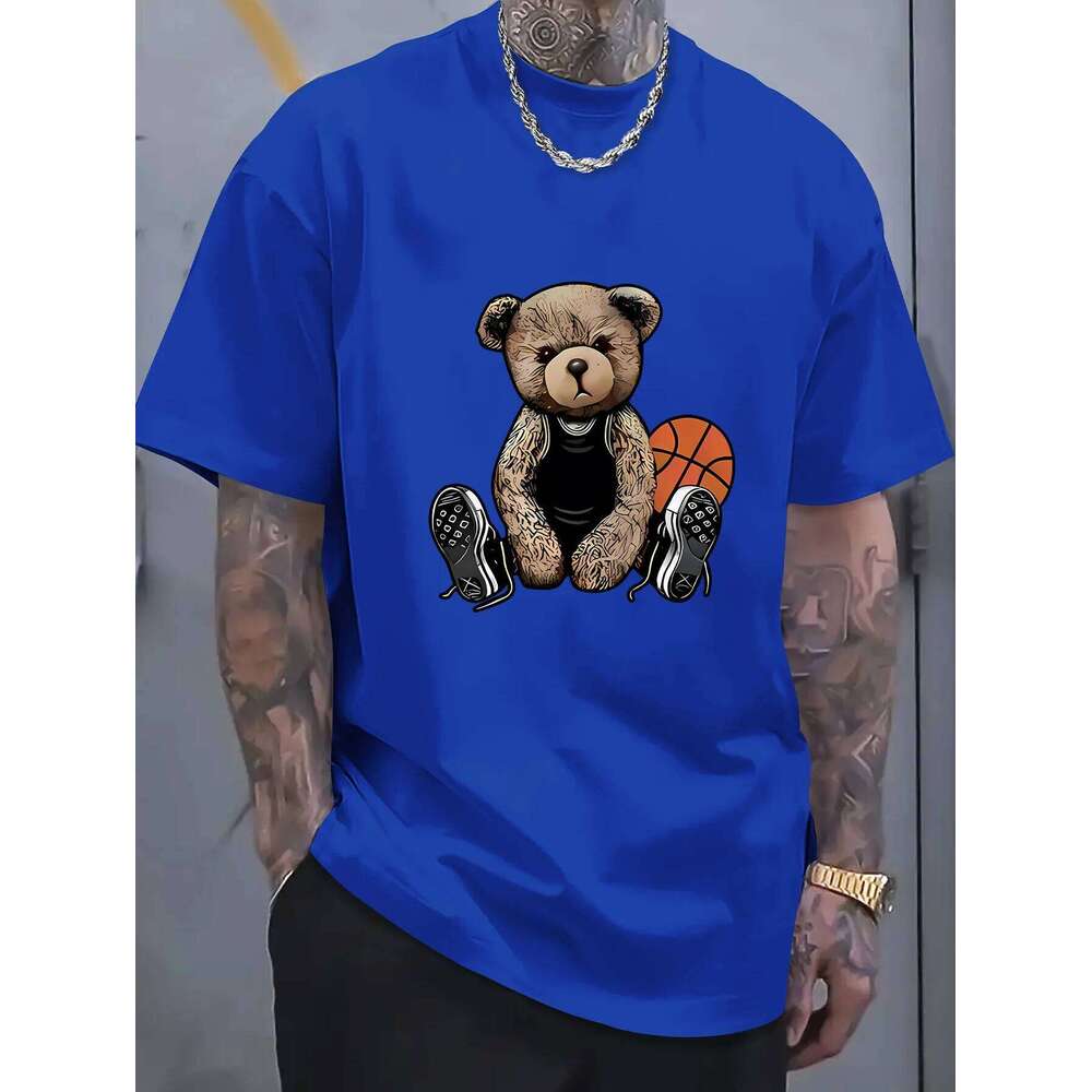 Men's Summer Fashion Fun Basketball Bear Print Comfortable Breathable Round Neck T-shirt Outdoor Casual Top C260228 - view 4