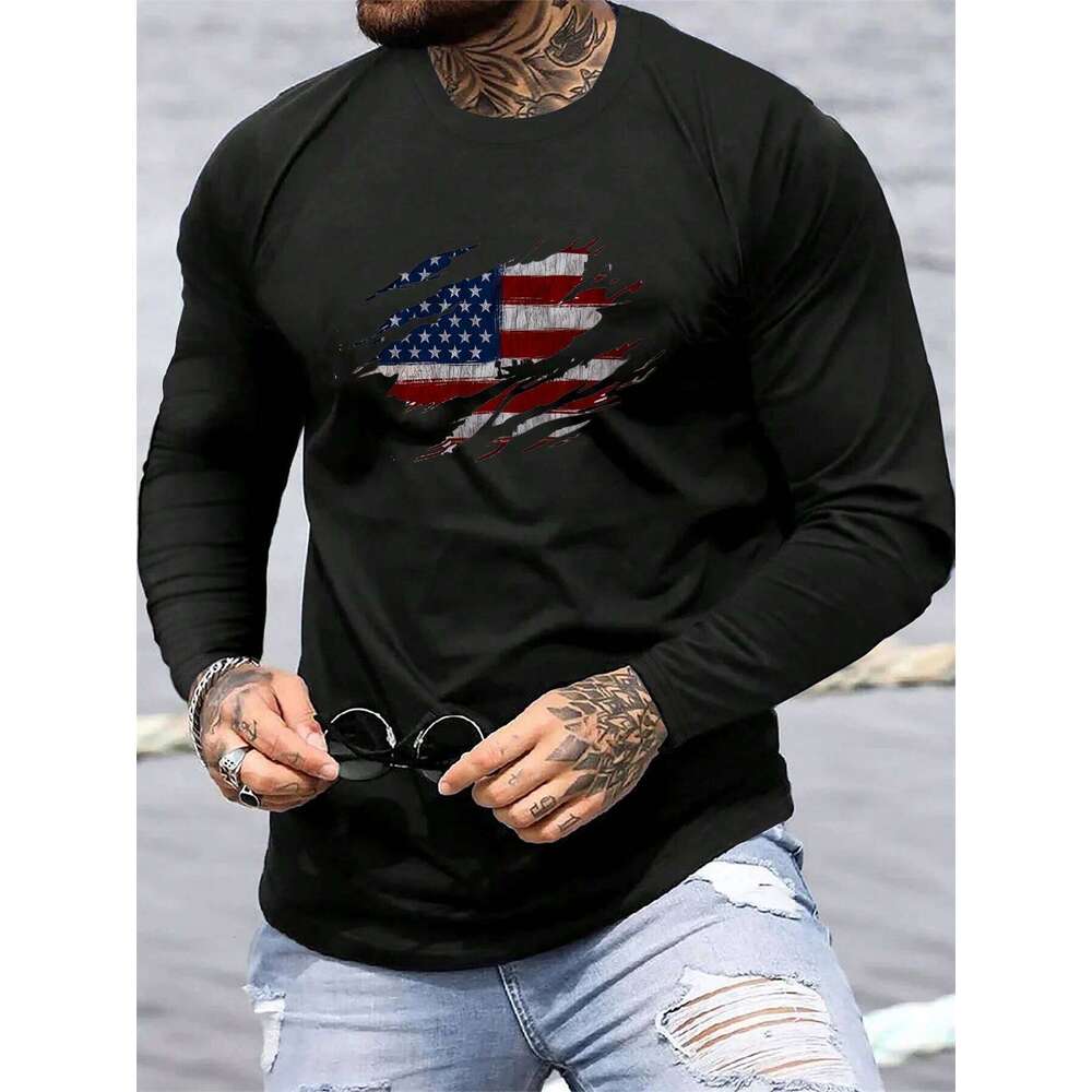 Men's Spring and Autumn 100% Cotton Comfortable Casual American Flag Pattern Printed Round Neck Long Sleeve T-shirt Top C260228 - view 4
