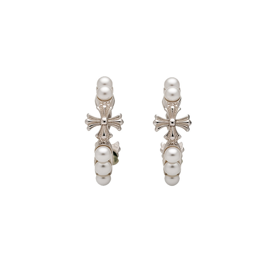 Korean-style ins round cross pearl earrings, simple unique, versatile elegant, with a light luxury and high-end feel - view 9