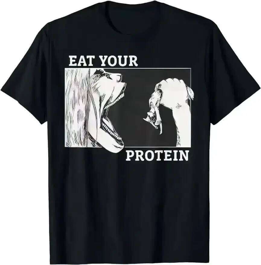 Hot Sales Eat Your Protein Anime Gym Pump Bodybuilding Fitness T-Shirt Men Women Cotton Tees T Shirts Printing Clothes Top C260228