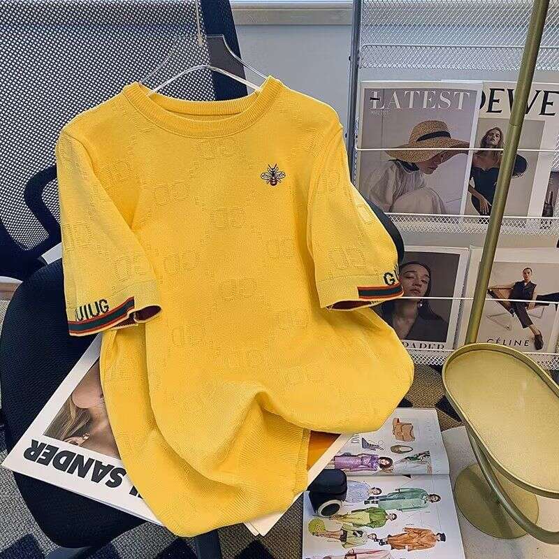 Men's Clohing Foreign Rade From He Sore~American-Syle Bee Embroidery Shor-Sleeve T-Shir, Ice Silk Round-Neck Plus-Size Kni