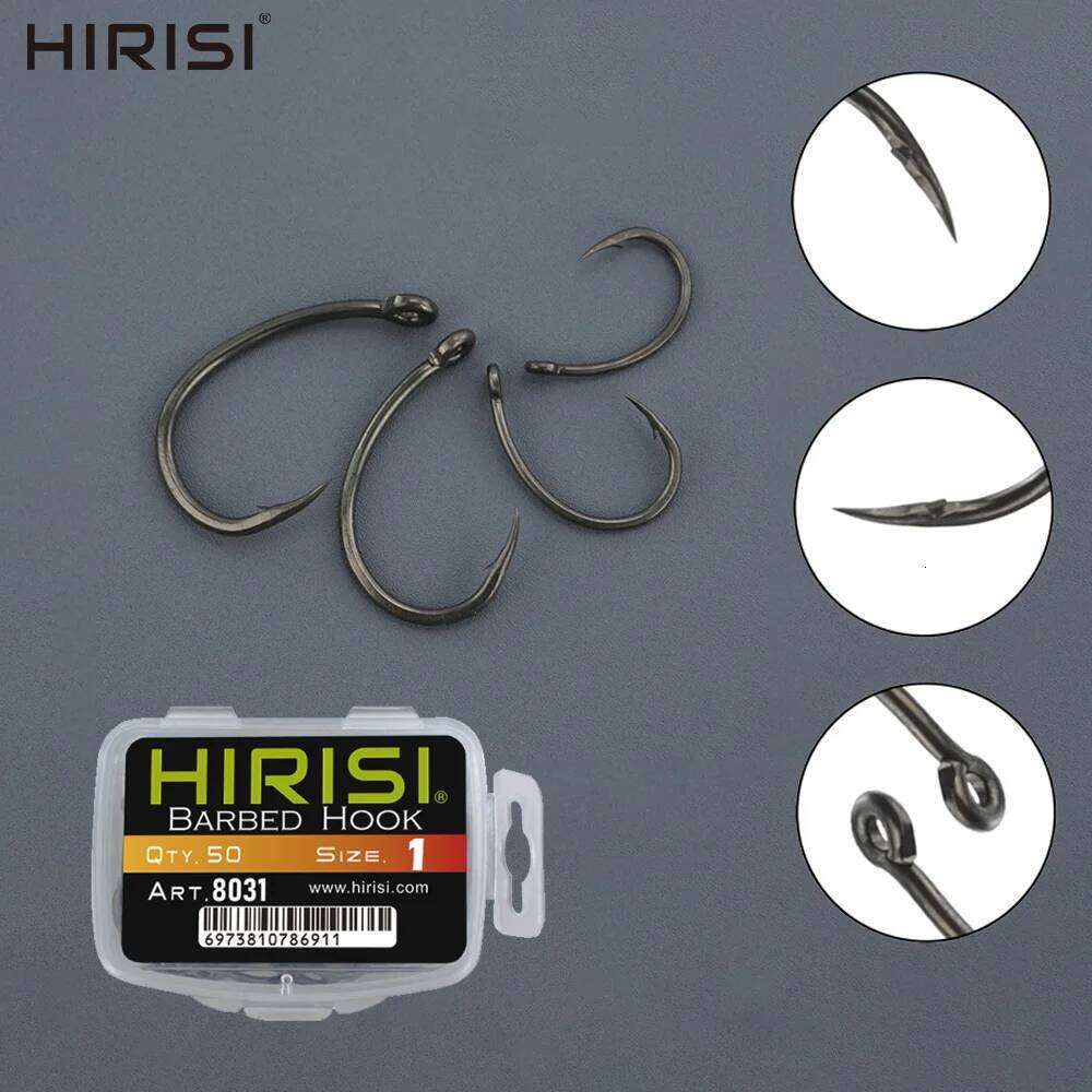 Hirisi 50pcs PTFE Coated Fish Hook High Carbon Stainless Steel Anti-Rust Sharp Point Barbed With Eye for Fishing Accessorie 8031 Z260228