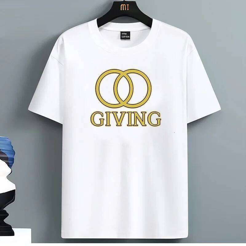 For Men's Round Neck Short Sleeve Cotton Oversized T-Shirt with Gold Double Ring "GIVING" Graphic Print Casual Summer Top C260228 - view 3