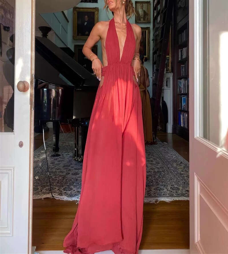 2026 summer European and American niche sexy backless collar V-neck deep backless silk smooth long skirt big hem vacation style women