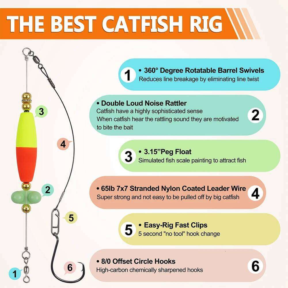 1Pcs Float Catfish Tackle Rattling Cork Peg Floats Bait Rigs with Rattle Beads Octopus Circle Hooks Crane Swivels Z260228