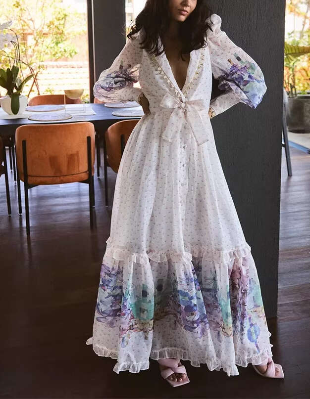 2026 early spring new niche retro palace a2 style deep V-neck lace up off shoulder printed vacation style long dress