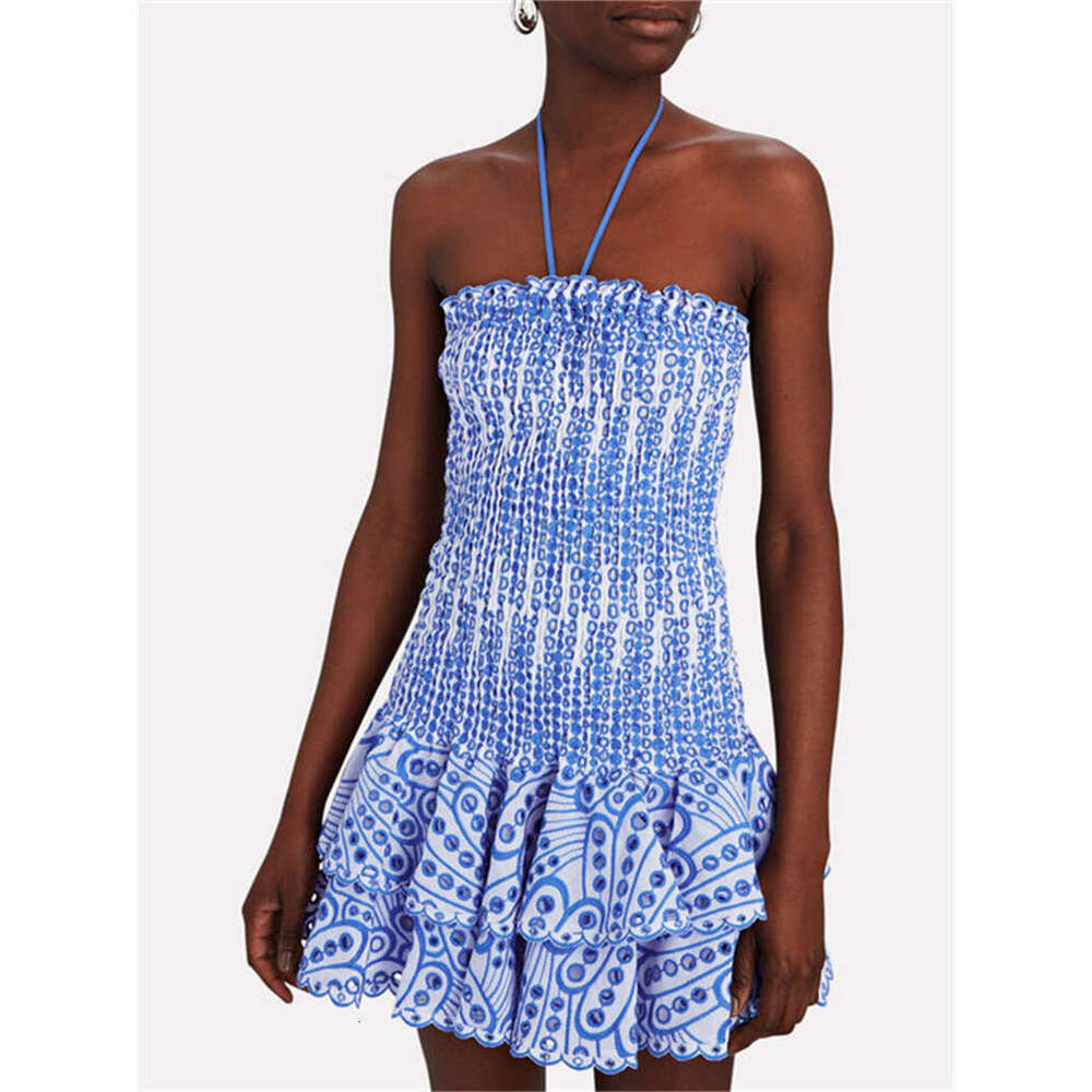 2026 niche fashion brand sexy strapless hollow embroidery cotton elastic waist pleated edge holiday mini skirt