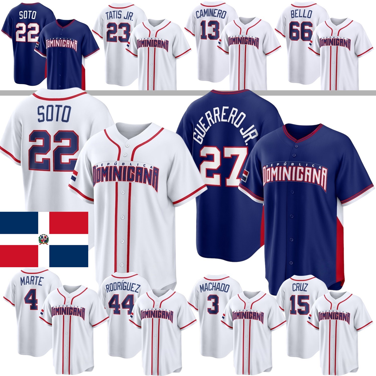 Dominican Republic World Baseball Classic WBC Jersey Vladimir Guerrero Jr. Manny Machado Fernando Tatis Jr. Julio Rodriguez Juan Soto Cruz Marte Caminero Abreu Bello